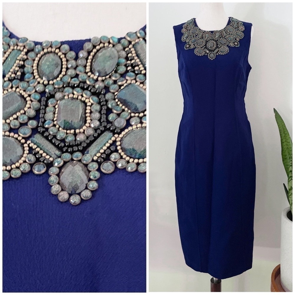 EUC CARMEN MARC VALVO Couture Rhinestone Jewel Neckline Embellished Sheath Dress